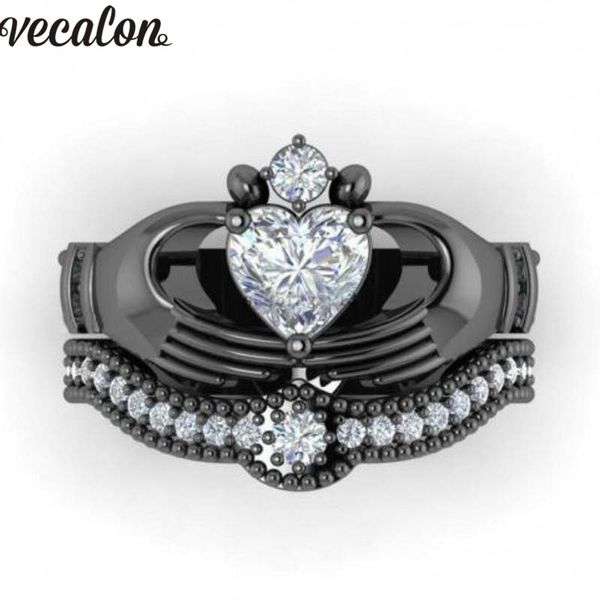 Vecalon amantes de luxo claddagh anel 1ct diamonique 5a zircon cz ouro branco ouro enchido anel de banda de casamento conjunto para mulheres homens