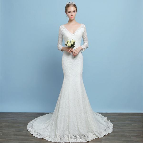 

lace mermaid wedding dresses button back 2018 v neck wedding gowns long sleeves bridal gowns court train, White