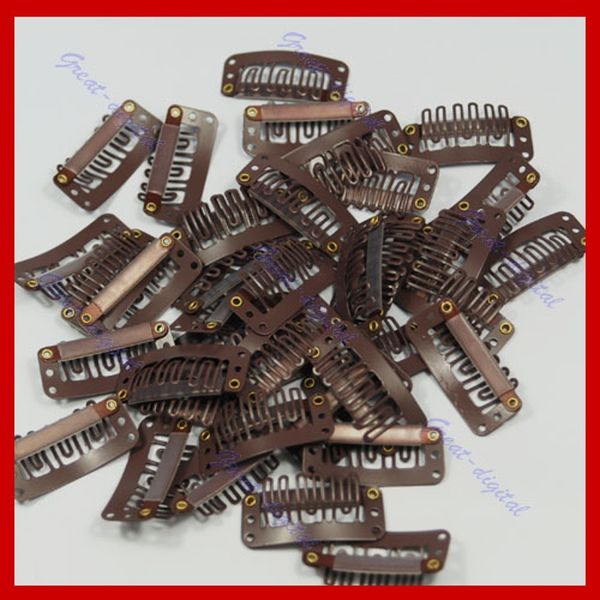 

32mm 10 pcs middle u brown snap hair clip for wig hair extension, Golden;silver