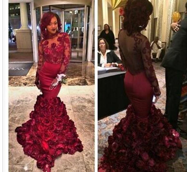 

Romantic red evening dre mermaid with ro e floral ruffle heer prom gown with applique long leeve prom dre e with bra weep train