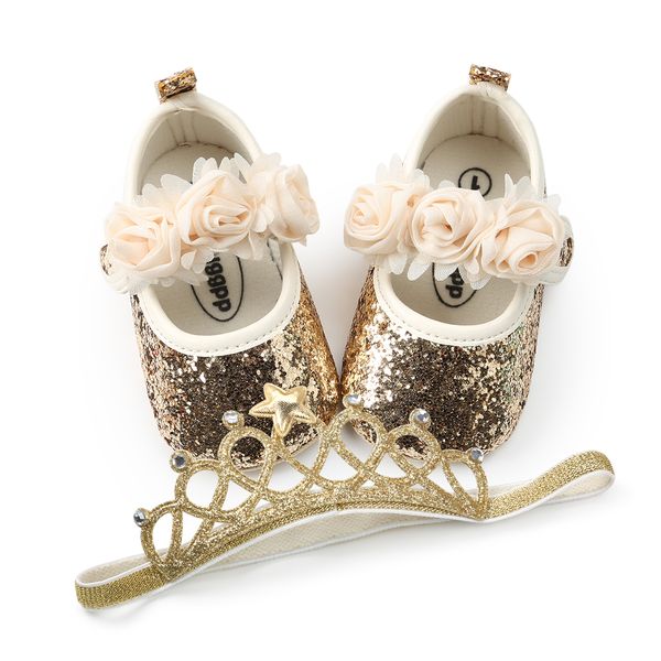

2 шт./компл. Bling PU Детская обувь + эластичная Корона оголовье цветок первый Уокер об