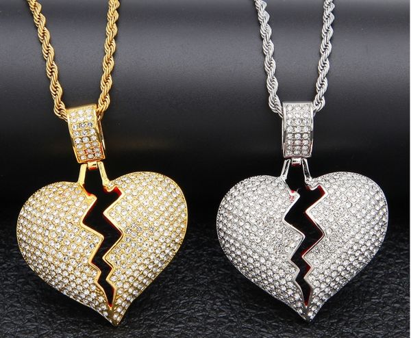 

Iced Out Solid Broken Heart Pendant Necklace Charm For Men Women Gold Color Cubic Zircon Necklace Hip Hop Jewelry