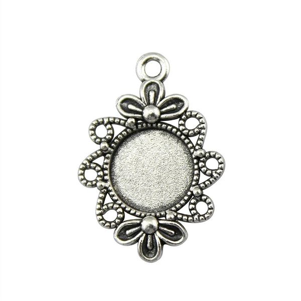 

24 pieces cabochon cameo base tray bezel blank wholesale lots bulk flower double hanging inner size 12mm round cameos and cabochons, Slivery;crystal
