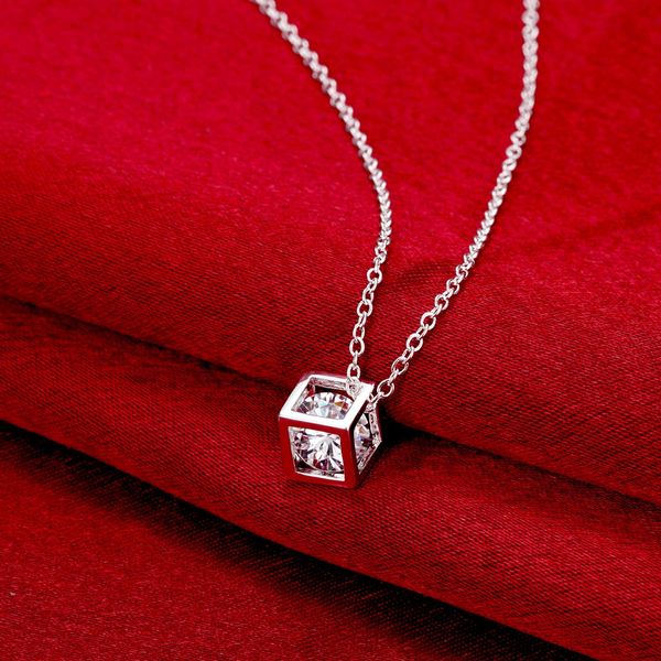

мода личности куб циркон кулон ожерелье серебряная цепь bling ювелирные изделия день святого валентина подарок simlpe классический стиль, Silver