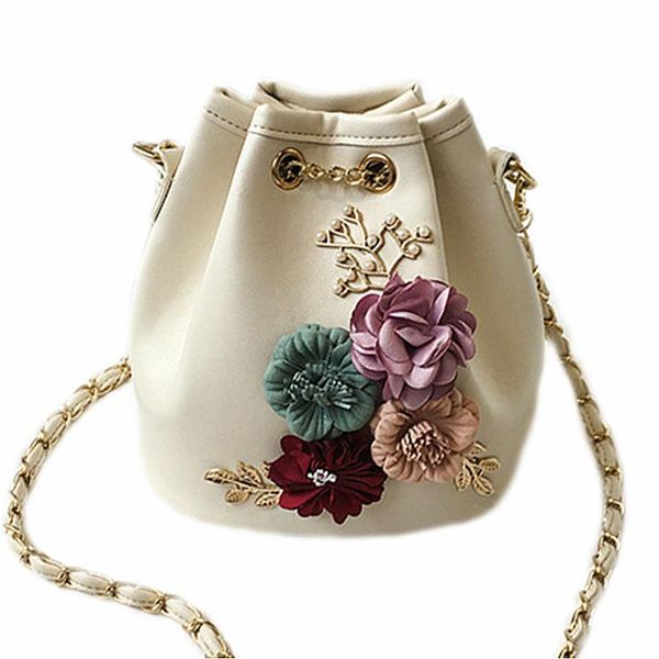 

2017 new design women handmade flowers bucket bags mini shoulder bag chain drawstring small cross body bag fashion handbags