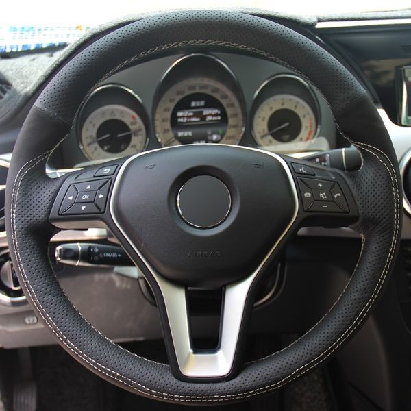 

black genuine leather suede hand-stitched car steering wheel cover for mercedes-benz b180 2012