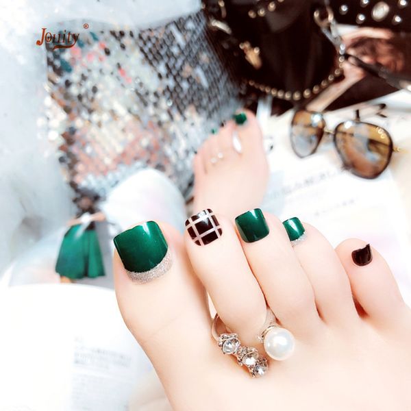 

24 pcs acrylic fake nails patch boxed finished manicure full toe nail tip extension design green and black artificial false nail, Red;gold