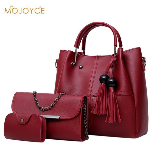 

3pcs/set tassels composite bags women handbag+shoulder bag +card bag ladies chain crossbody bags girl soild pu leather tote set y18102604