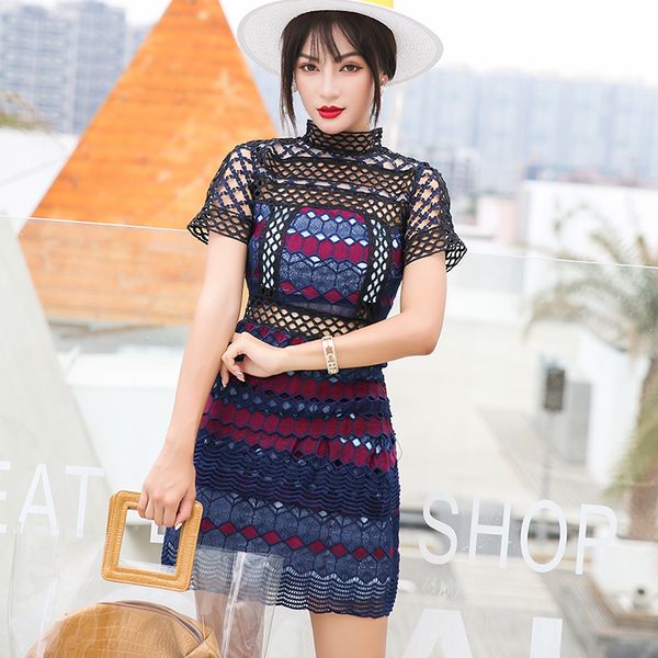 

2018 summer women advanced self portrait navy blue vintage crochet lace high waist cutout patchwork one-piece dress, Black;pink