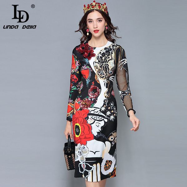 

ld linda della 2018 runway designer autumn dress women's long sleeve cat flower appliques print slim midi vintage dress, Black;gray