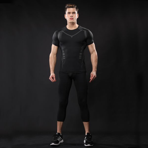 

compression sets men sport suits compression suits shirt fitness short cropped pants plus size joggers tights crossfit quick dry, Black;blue