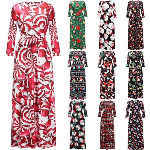 

2018 new christmas dress xmas casual skirt crew neck clothes printing long sleeve maxi dresses christmas costume, Black;gray