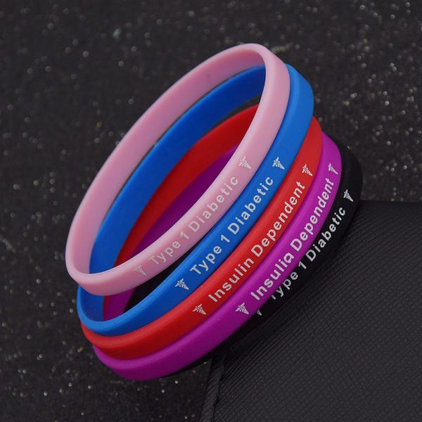 

medical alert type 1 diabetes dependent silicone wristband 5colors rubber exercise bracelet jewelry for women men, Golden;silver