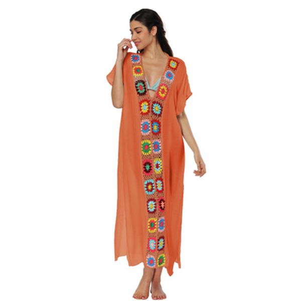 

Summer Boho Cotton Long Dress Floral Embroidery Hollow Out V-neck Short Sleeves Losse Beach Midi Dress