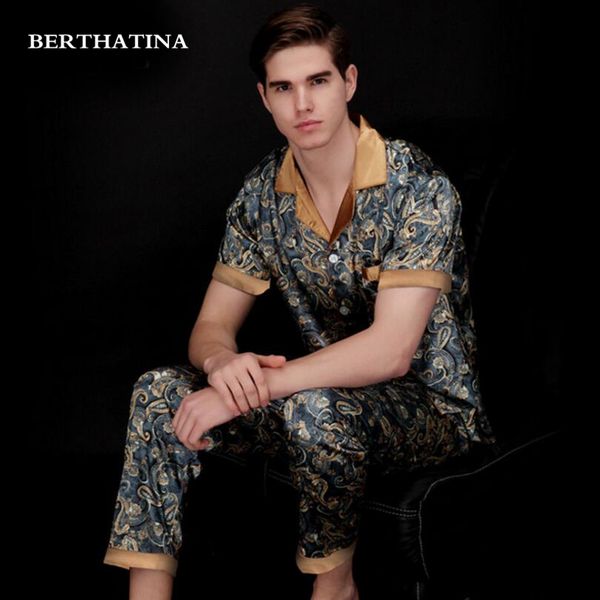 

berthatina 2018 spring and summer pajamas two-piece sets pants and robes mid-shorts sleeve trousers homewear faux silk 2pc, Black;brown