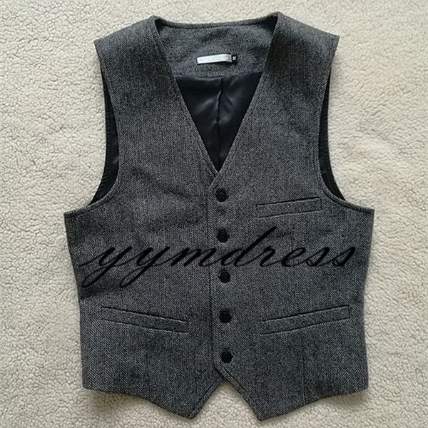 

2019 latest tweed vest wool herringbone groom vests pockets men's suit vests slim fit men's dress vest wedding waistcoat plus size, Black