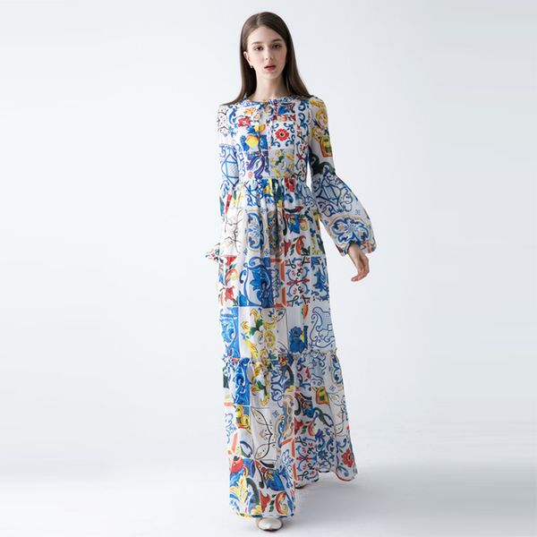 

2018 pretty women lantern sleeve print long silk dress spring fashion o_neck floor-length retro maxi dress, White;black
