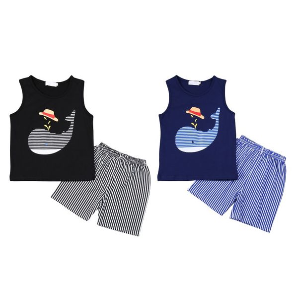 

2pcs kids baby boy summer clothes cotton soft cartoon whale printing outfit sleeveless vest +stripe short pant toddler set, White
