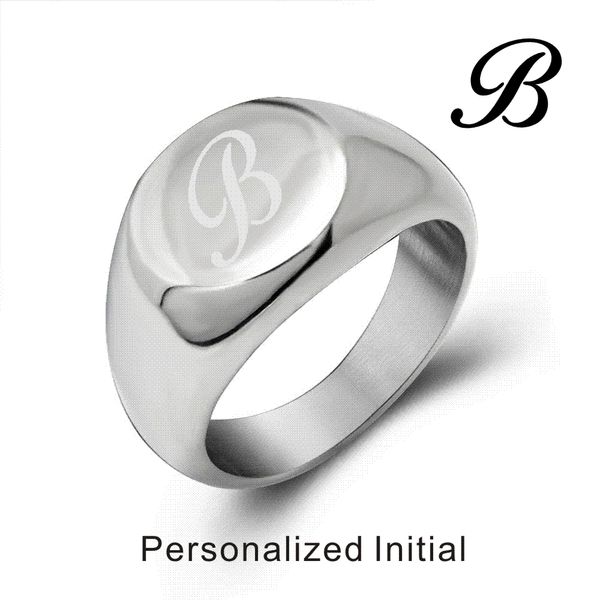 

personalised initial engrave custom stainless steel oval signet blank plain ring band high polished silver tone u.s.size, Golden;silver