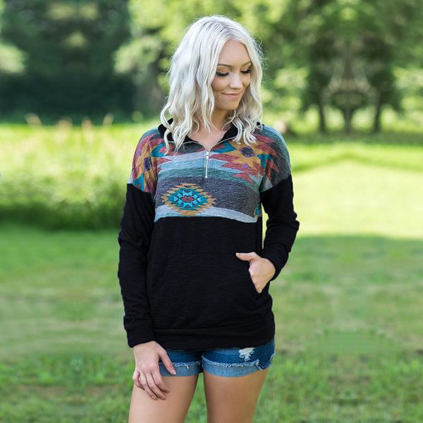 

женщин вскользь цветочные печатных геометрические длинным рукавом 1/4 zip пэчворк пуловер топы кофты с карманом, White