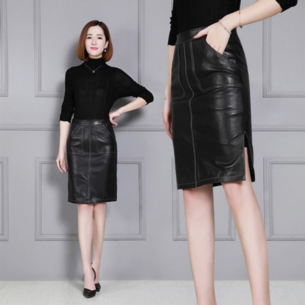 

2018 new fashion genuine sheep leather skirt k44, Black