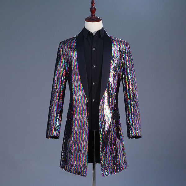 

vestidos de festa longo gilet homme manche longue stage costumes for singers long blazer men colorful sequin performance jacket, White;black