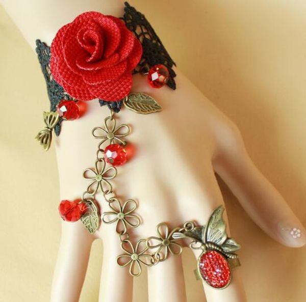 Hot estilo europeu e americano moda borboleta do vintage laço preto vermelho rose lady pulseira banda integração anel de moda clássico delicat