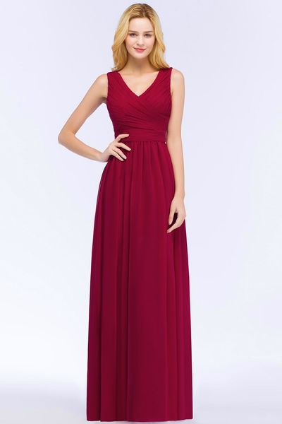 

burgundy a line chiffon long bridesmaid dresses sleeveless ruffle wedding party wear with zipper back maid of honor gowns hy4246, White;pink