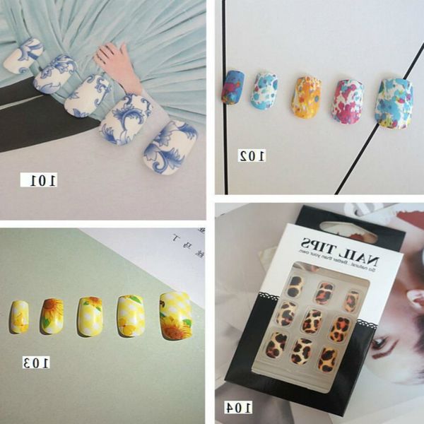 

12pcs/set new watercolor pattern false nails for buatiful woman abstract flower painting nails art for women, Red;gold