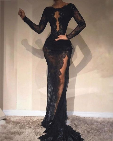 Black Sexy Mermaid Prom Dresses Long High Side Split Long Sleeves Evening Dress See through Zipper Open neck Cocktail Party Gowns214S