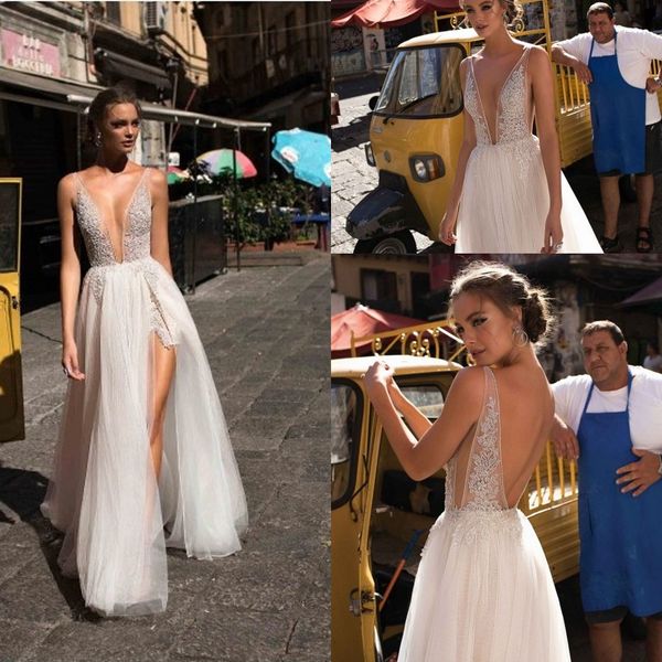 

boho goddess fashion wedding dresses with sheer deep plunging v neck front split beaded low back bridal gowns beach, White