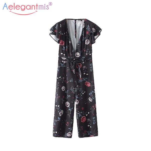 

aelegantmis women v neck short sleeve ruffles jumpsuits rompers ladies floral print slim jumpsuit wide leg loose playsuit, Black;white