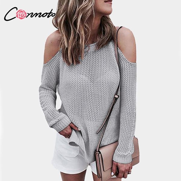 

conmoto hollow out cold shoulder regular length sweater solid white high street fashion sweater long sleeve pullover jumper, White;black