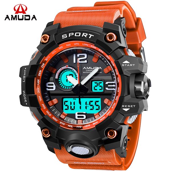 

amuda outdoor big dial sports watches men waterproof digital quartz wristwatches led clock male relogio masculino, Slivery;brown