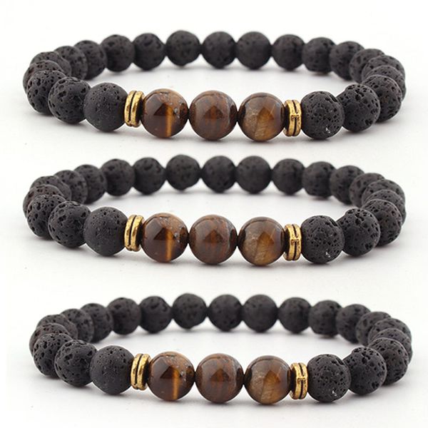 

kimter natural volcanic lava stone bracelets tiger eye bangle essential oil diffuser bracelet for women men fashion jewelry h539f, Golden;silver