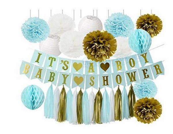 Baby Shower Party Decor Baby Blue White Gold Tissue Paper Pom Pom