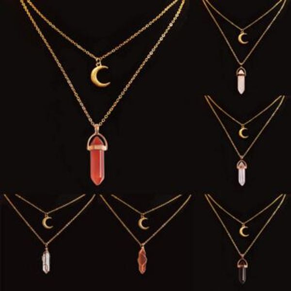 

hexagonal natural stone moon pendant necklace gold chain multilayer necklaces hexagonal necklaces, Silver