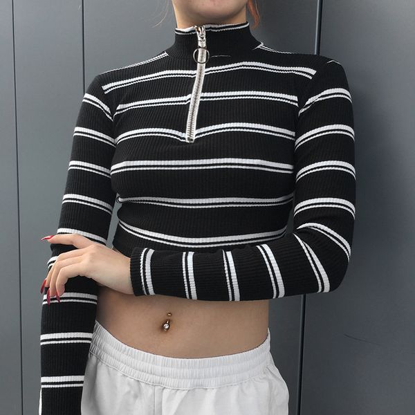 

Ladies Fashion Casual High Neck Striped Print Long Sleeved Crop Tops Blouse T-Shirt Woman Jumper Cropped Shirt