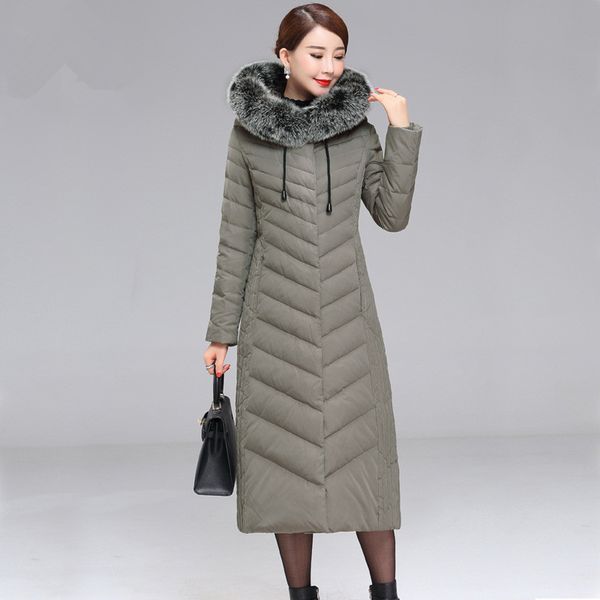 

long down jacket female winter down parkas snow coats hooded big fox fur collar thickening warm overcoat 2018 european and american style, Black