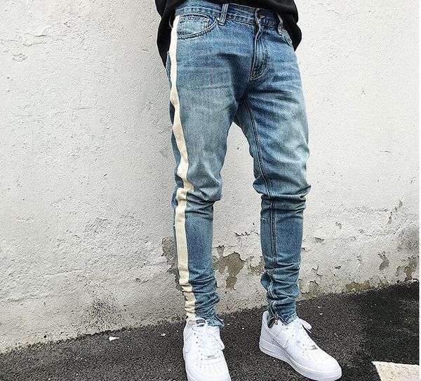 

west black skinny jeans men hip hop stripe ripped elastic slim fit jeans men brand biker denim jogger design, Blue