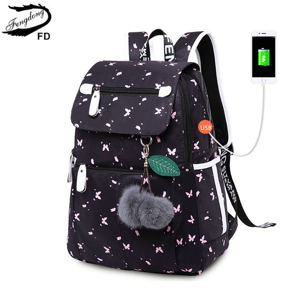 

fengdong female fashion school backpack usb school bags for girls black backpack plusch ball girl schoolbag butterfly decoration