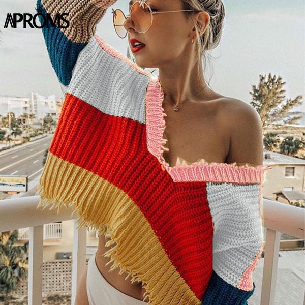 

aproms multi color blocked cropped sweater women winter deep v-neck tassel knitted pullover cool girls loose jumpers pull femme, White;black