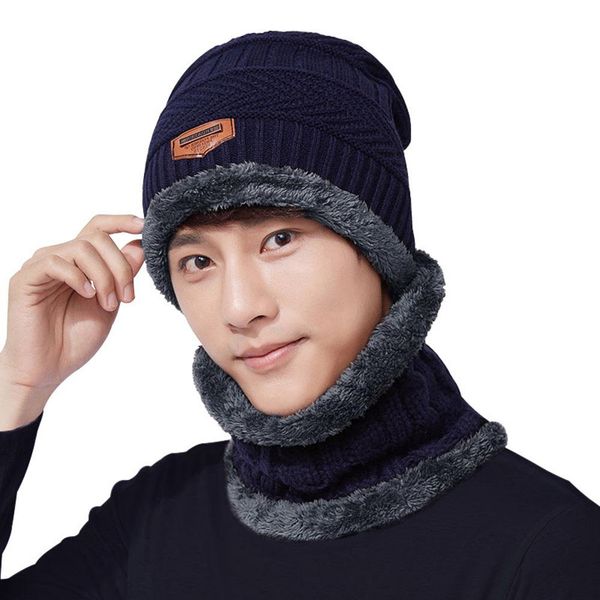

mrwonder 2pcs/set men hat + neck gaiter hat collar suit knitted cap neck-warmer, Blue;gray