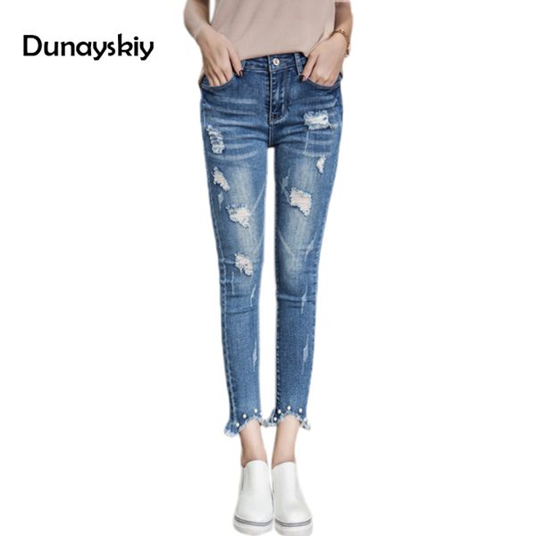 

beading jeans woman slit bottom high waist skinny denim jeans slim ripped pencil hole pants female trousers dunayskiy, Blue