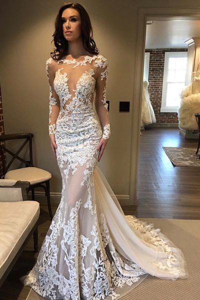 

illusion romantic new see through lace mermaid wedding dresses long sleeve bridal gowns appliques tulle custom made transpare2565, White