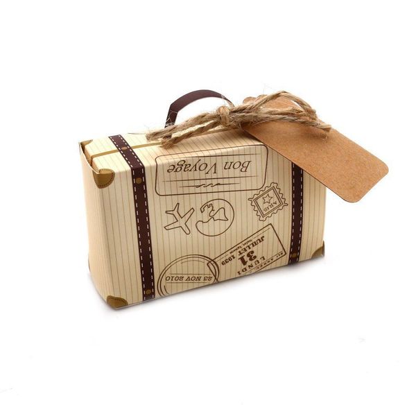 

50pcs mini suitcase favor box party favor candy box, vintage kraft paper with tags and rope for wedding/travel themed party