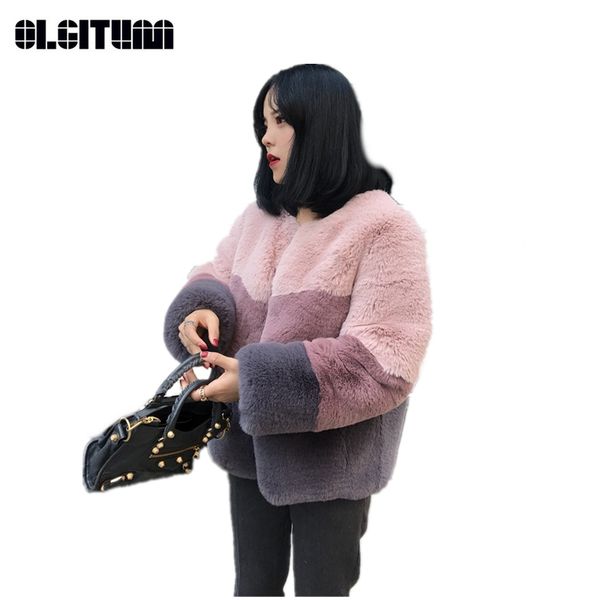 

popular fashion casual new winter fake fur women contrst color 2018 s-2xl long-sleeved short outwear pink purple, Black