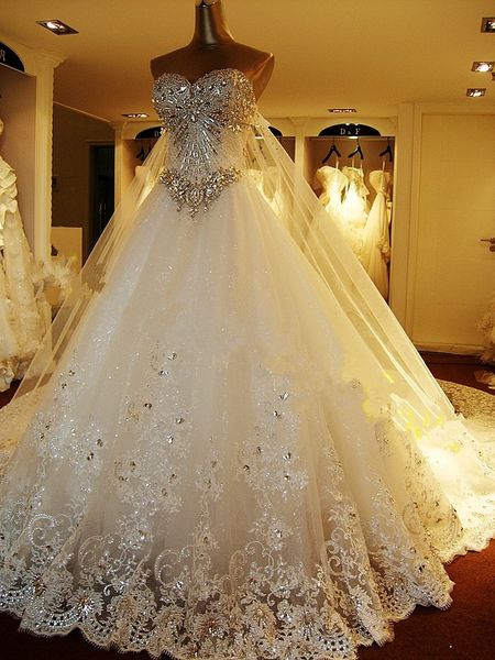 

wholesale crystals fashion new luxury bride sweetheart applique bead cathedral train wedding bridal gown dresses, White