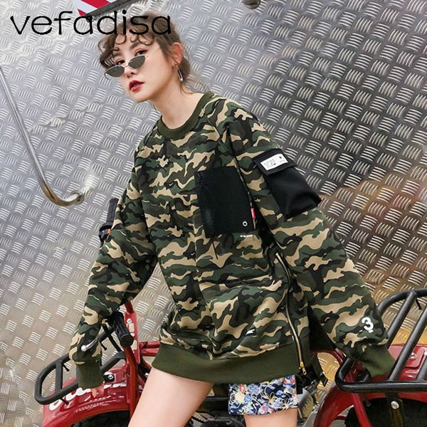 

vefadisa women camouflage pullover cotton sweatshirt 2018 autumn pocket decorate motor style loose sweatshirt dq405, Black