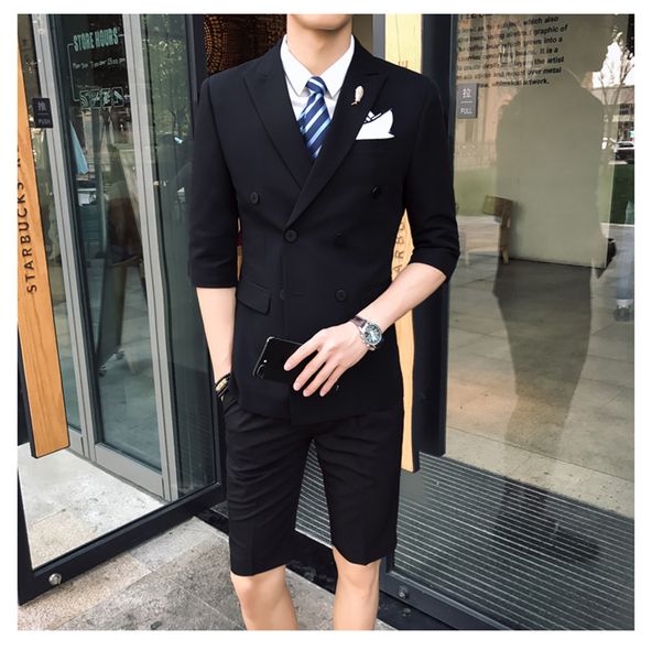 

custom made new black white wedding men suit with short pants double breasted men summer wear suits tuxedo blazer sets 2 pieces jacket+pants, Black;gray